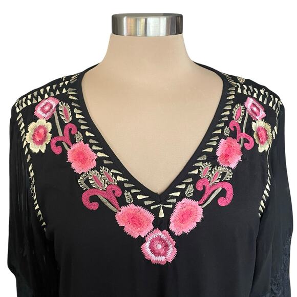 Vintage Collection Black Chiffon Floral Embroidery Lace V-neck Tunic Size L Boho - Picture 3 of 9